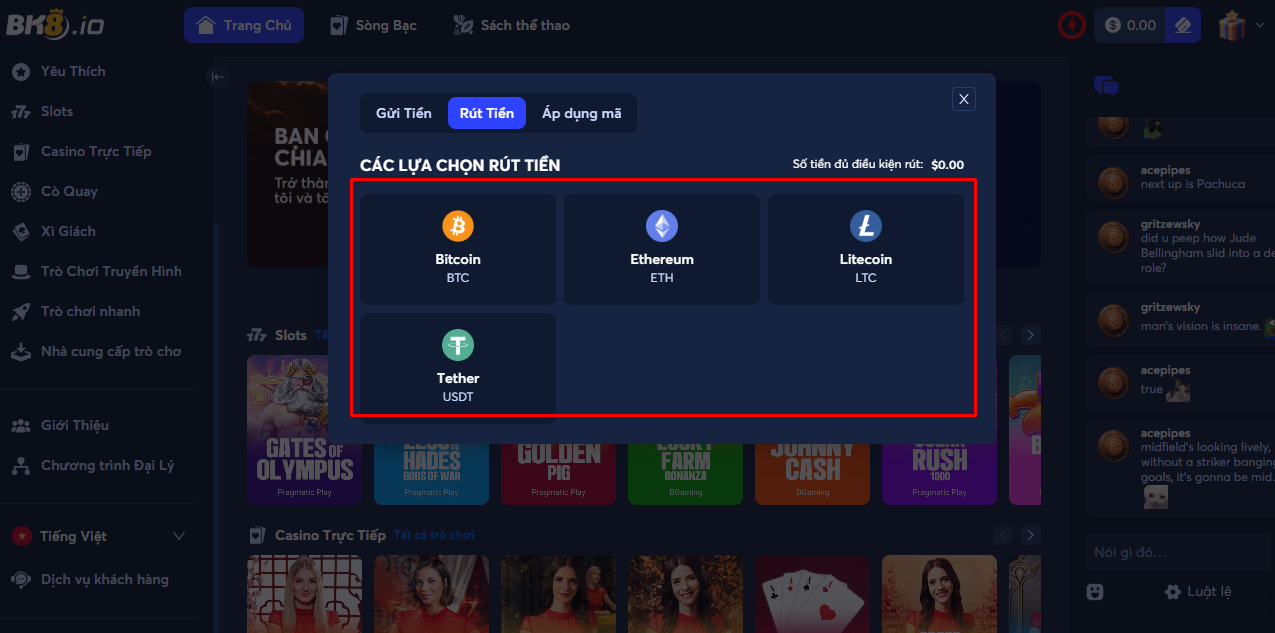 Chọn loại tiền điện tử muốn rút tại BK8.io