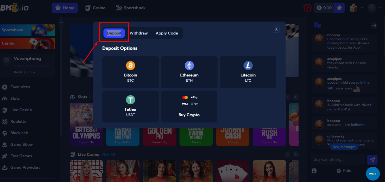 Chọn vào mục nạp tiền BK8.io