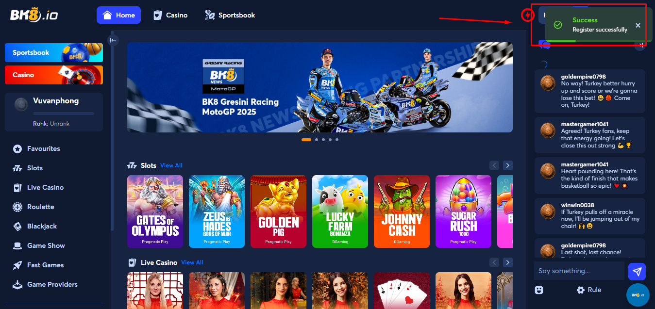 Đăng nhập tài khoản vào BK8.io