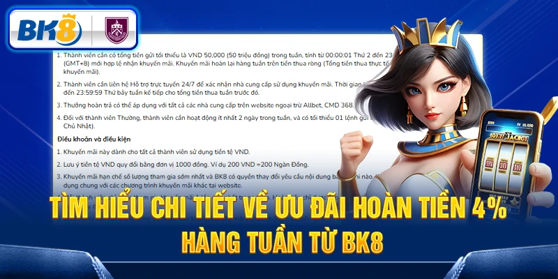 Chi tiết về ưu đãi hoàn tiền 4% hàng tuần từ BK8 Chi tiết về ưu đãi hoàn tiền 4% hàng tuần từ BK8